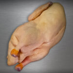 Ganze Ente aus Pommern roh, Premium-Geflügel edel inszeniert vor metallischem Hintergrund