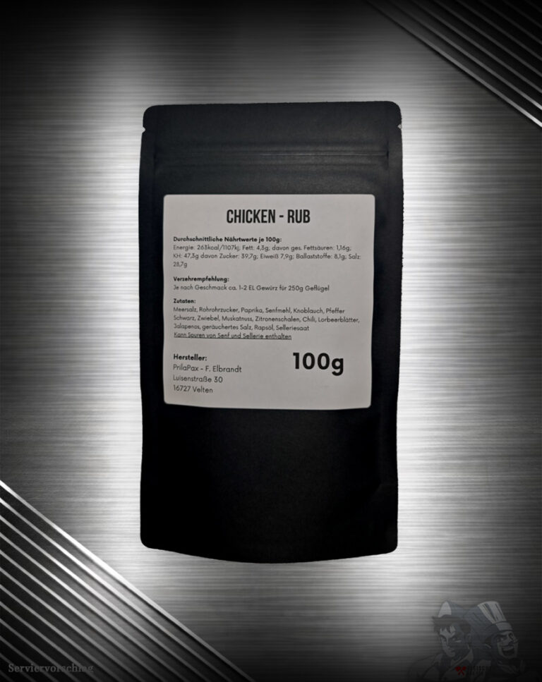 FuK Feder und Flamme Zutatenliste: Meersalz, Rohrohrzucker, Paprika, Senfmehl, Knoblauch, Pfeffer Schwarz, Zwiebel, Muskatnuss, Zitronenschalen, Chili, Lorbeerblätter, Jalapenos, geräuchertes Salz, Rapsöl, Selleriesaat