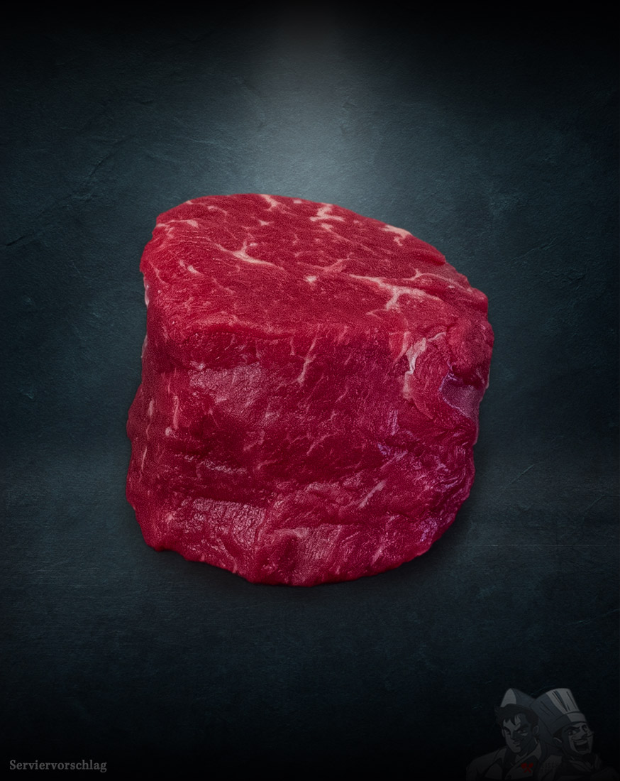 Rinderfilet Argentinien vom Black Angus Rind, Grain Fed Beef Rinderfilet Argentinien – Black Angus Rind, Grain Fed Beef, roh fein marmoriert auf dunkler Platte