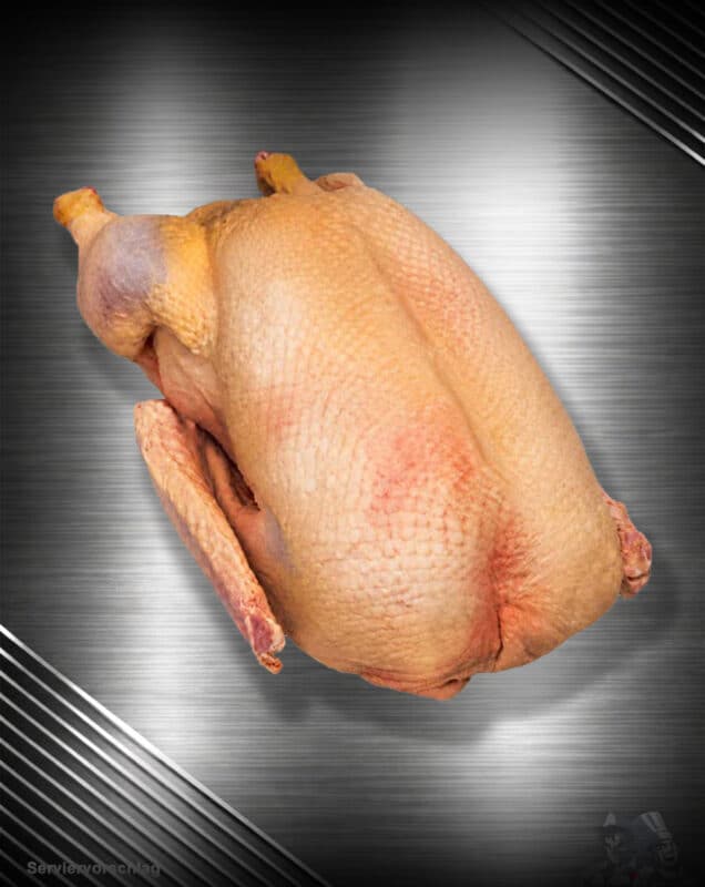 Ganze, gerupfte Gans mit Haut und Keulen im rohen Zustand, ideal als traditioneller Gänsebraten für Weihnachten, Martinstag und festliche Anlässe.