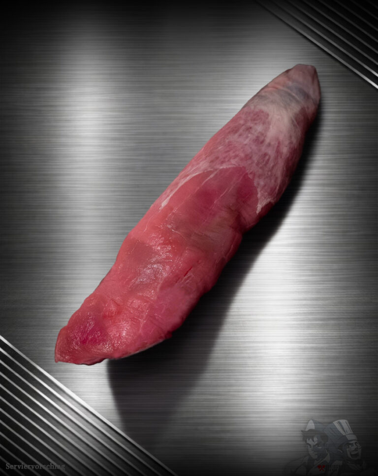 Rohes Schweinefilet vom regionalen Duroc-Schwein mit feiner Marmorierung auf neutralem Untergrund, frisch und sauber pariert.