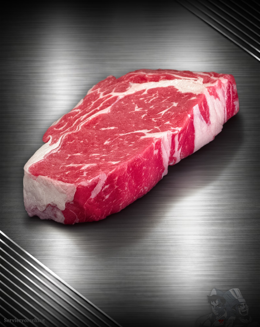 Rib Eye Steak Färse Pommern – Entrecôte Rib Eye Steak Färse Pommern roh mit Fettauge auf Metalluntergrund