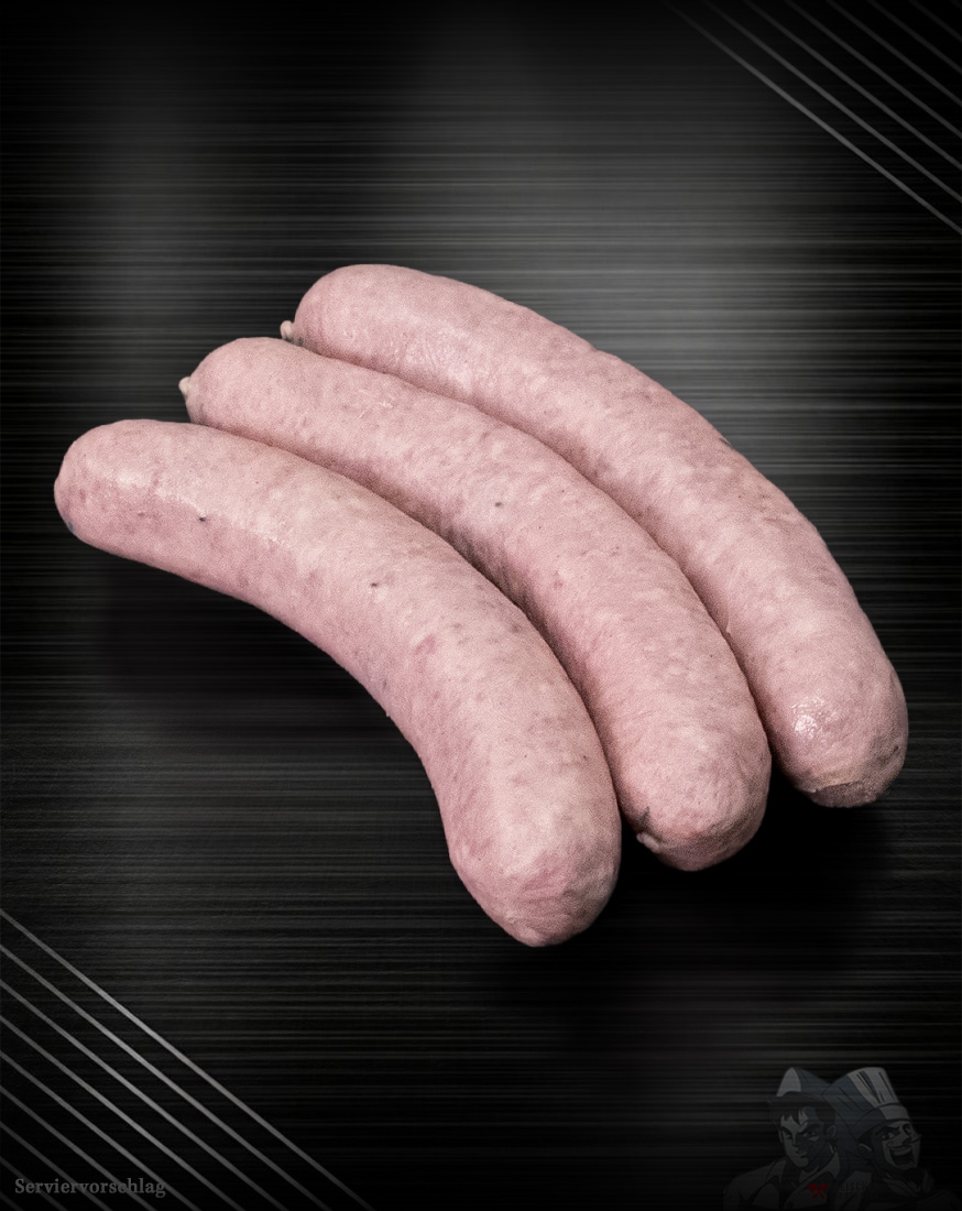 Fläming-Griller – gepökelte Bratwurst aus dem Fläming, elegant in Szene gesetzt auf kühlem Stahl Fläming-Griller gepökelte Bratwurst, fein glänzend und zartrosa auf gebürstetem Metall – Sinnbild reinen Genusses
