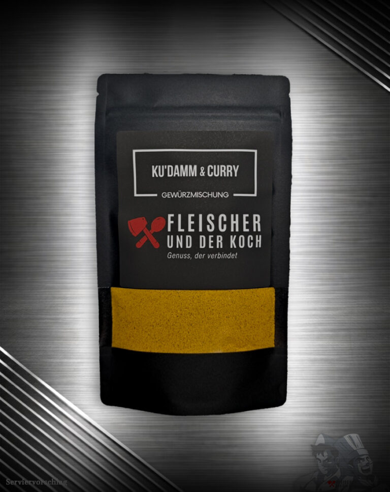 FuK Ku’damm & Curry – Berliner Curry Gewürzmischung in Schale, Currywurst daneben