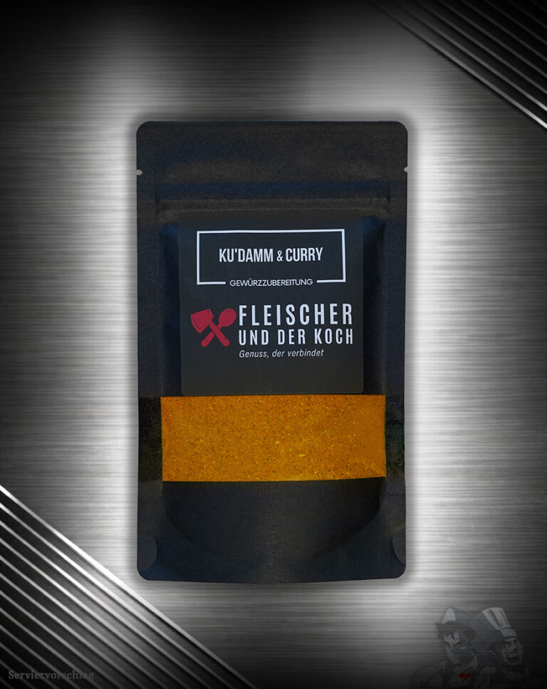 FuK Ku’damm & Curry – Berliner Curry Gewürzmischung in Schale, Currywurst daneben