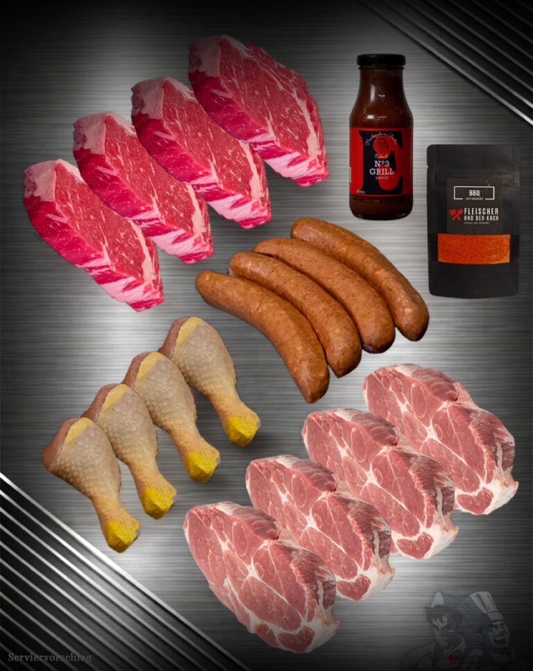 Ostern BBQ-Bundle mit Rib-Eye, Nackensteak, Drumsticks und Käsekrainer auf dunklem Hintergrund