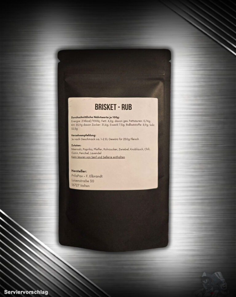 FuK Rauch & Rinde – Beef Brisket Rub in einer Schale, daneben ein saftiges Stück Rindfleisch