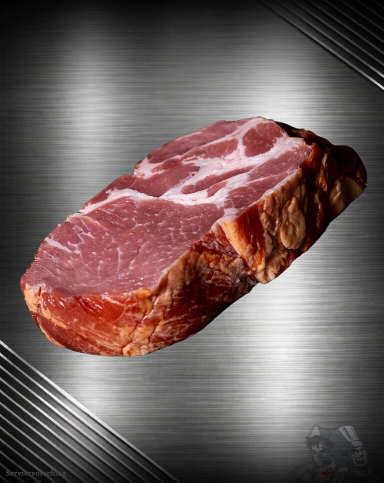 Rohes Kassler vom regionalen Duroc-Schwein, gleichmäßig gepökelt, hellrosa Farbe, feine Fettadern, naturbelassene Oberfläche.