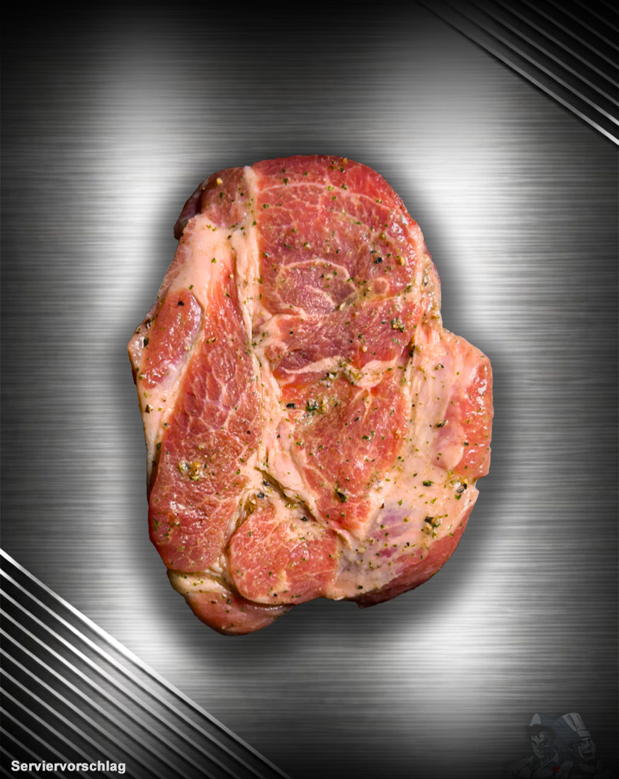 Schweinenackensteak-mariniert-aus-regionaler-Herkunft-Kraeuter-neu Schweinenackensteak mariniert vom regionalen Duroc Schwein mit sichtbarer Marmorierung und Kräutern im Rohzustand.