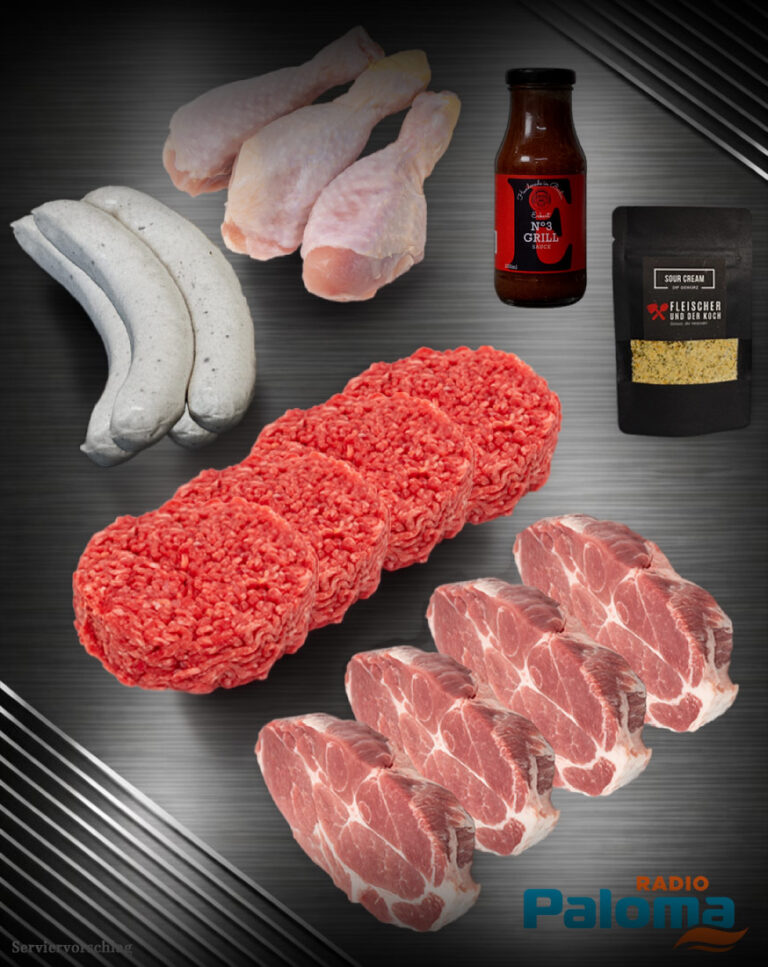 Radio Paloma Grill- und BBQ Bundle mit Burger Patties, Nackensteaks, Rostbratwurst und Chicken Drumsticks