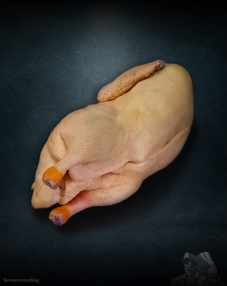 Ganze Ente aus Pommern roh, Premium-Geflügel edel inszeniert vor edlem Hintergrund