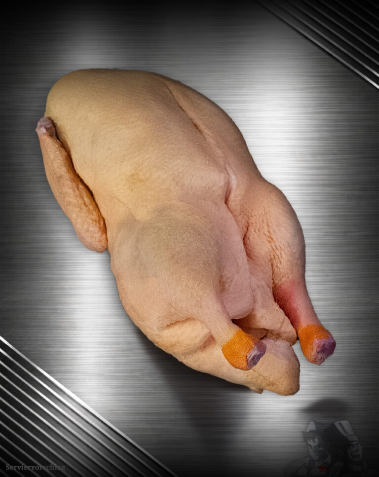 Ganze Ente aus Pommern roh, Premium-Geflügel edel inszeniert vor edlem Hintergrund