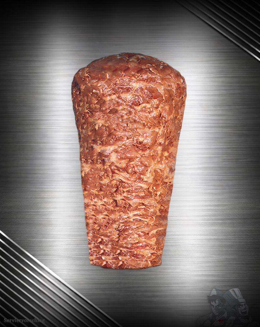 Berliner Döner Kebab Spieß aus Hähnchenfleisch – Roh & handgeschichtet Berliner Döner Kebab Spieß aus handgeschichtetem Hähnchenfleisch, roh und mariniert auf dunkler, edler Unterlage präsentiert.