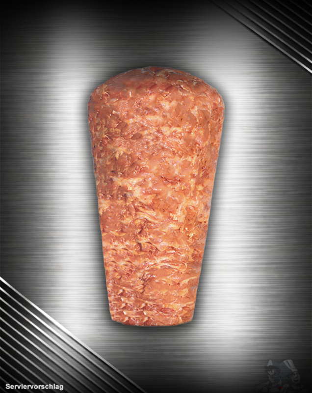 Berlin-style doner kebab skewer made from hand-layered chicken meat, presented raw and marinated on a dark, elegant base.