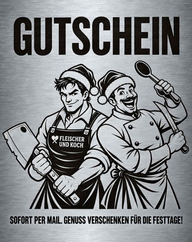 Gutschein verschenken zu Weihnachten mit gezeichnetem Fleischer und Koch auf silbernem Hintergrund