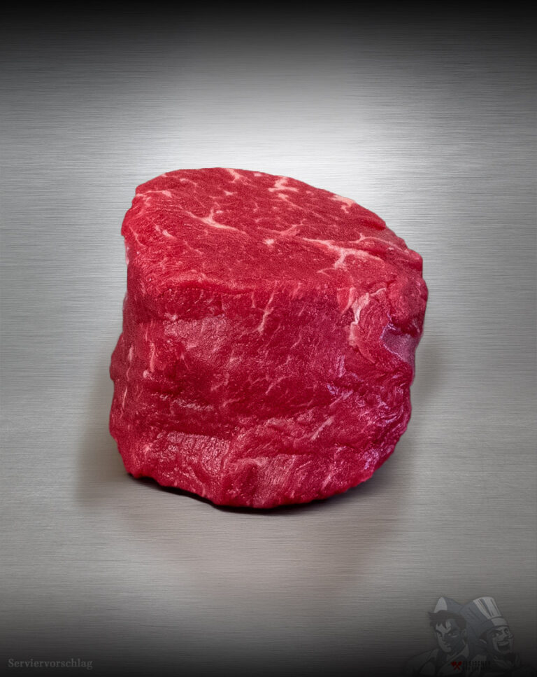 Filet Black Angus Rind Argentinien roh, fein marmoriert, als ganzer Filetstrang auf dunklem Untergrund