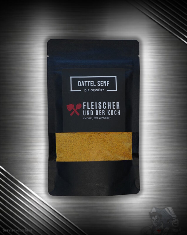 Dattel Senf Dip in einer Schale, umgeben von Datteln und Senfkörnern