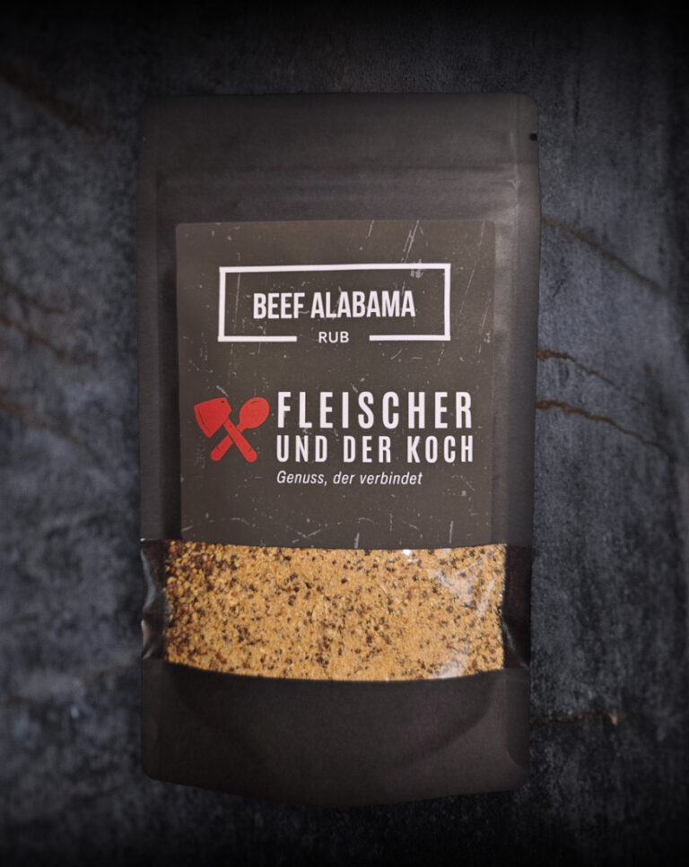 FuK Bama & Bark – Beef Rub Alabama in einer Schale, daneben ein saftiges Steak