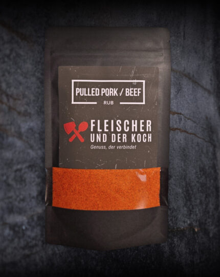 FuK Zupf & Zauber – Pulled Pork Rub in Schale, neben mariniertem Fleisch