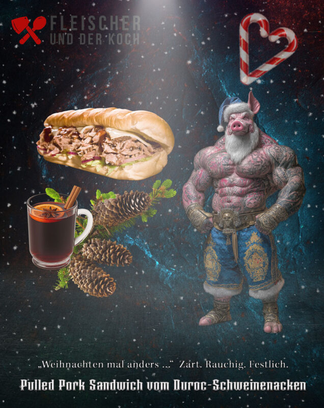 Sous Vide Pulled Pork Weihnachts Bundle mit Duroc Schwein, Pommes und BBQ Sauce