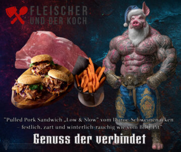 Pulled Pork vom Duroc-Schweinenacken Weihnachtlich mit Glühwein-BBQ-Sauce