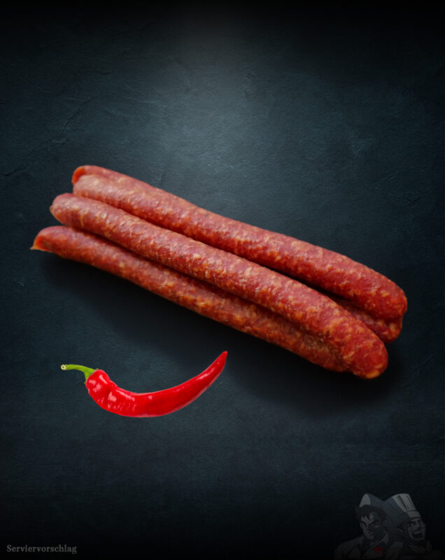 Chili-Knacker vom Duroc-Schwein im Naturdarm