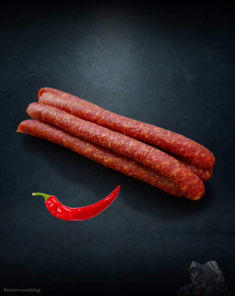 Chili-Knacker vom Duroc-Schwein im Naturdarm