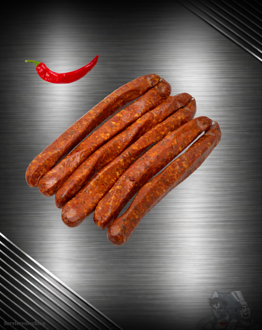 Chili-Knacker – heißgeräucherte Brühwurst vom Duroc-Schwein Chili-Knacker vom Duroc-Schwein im Naturdarm