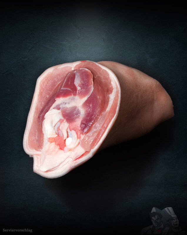 Schweinshaxe vom regionalen Duroc-Schwein, roh mit Schwarte