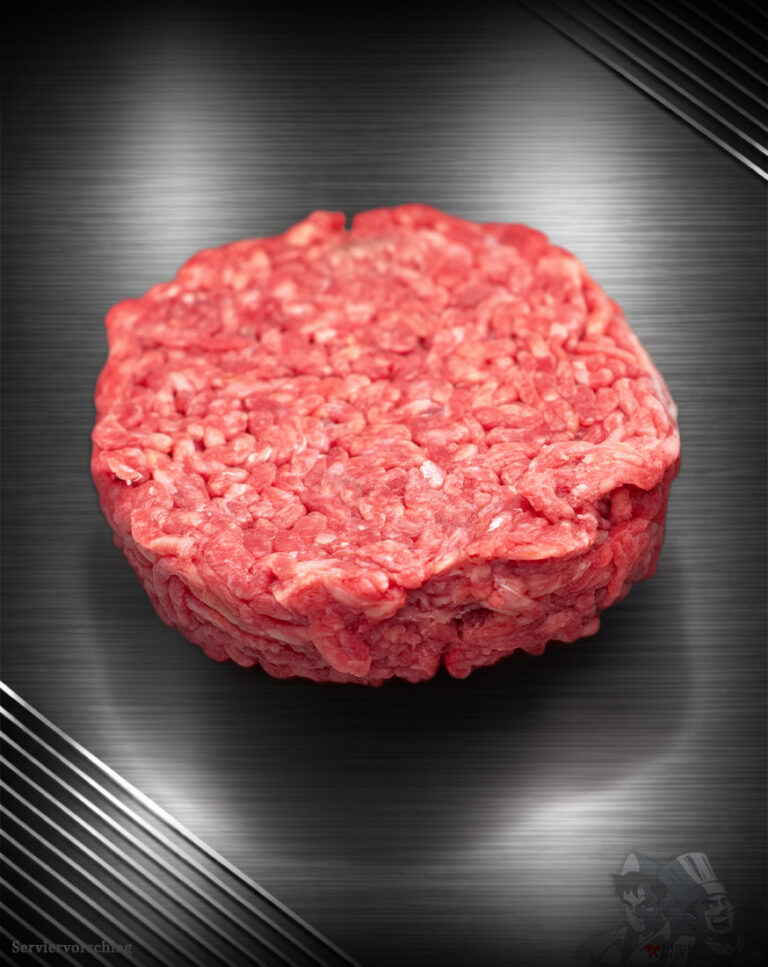 Rohes Haché Schweine-Burger Pattie aus grob gehacktem Schweinefleisch mit sichtbarer Struktur auf neutralem Untergrund.