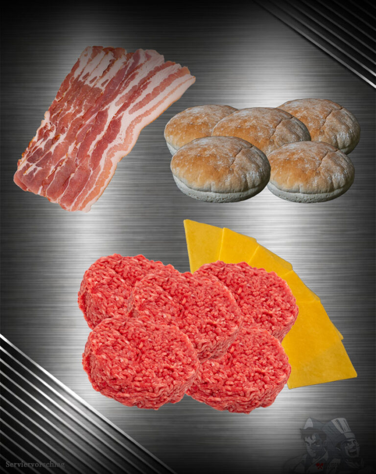Plancha Night Burger Bundle mit Charolais Haché Patties, Bacon, Cheddar und Burger Buns roh auf dunklem Hintergrund