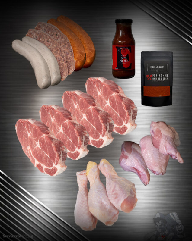 Grillbox 4 Personen mit rohen Nackensteaks, Thüringer Rostbratwurst, grober Bratwurst und Käsekrainer aus Deutschland