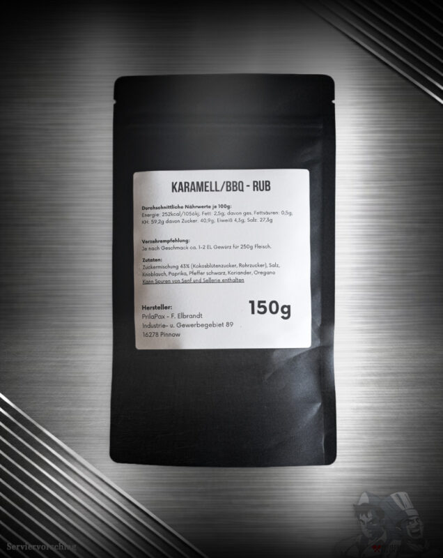 Rückseite vom FuK Meesterstaub BBQ Rub im schwarzen Beutel mit Etikett und 150 g Angabe
