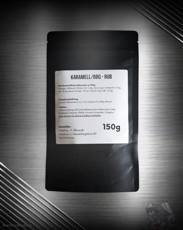 Rückseite vom FuK Meesterstaub BBQ Rub im schwarzen Beutel mit Etikett und 150 g Angabe