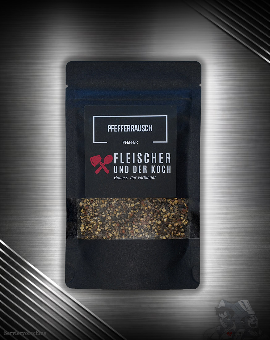 Pfefferrausch, pfeffer geschrotet Pfefferrausch Pfeffer geschrotet mit kräftigem Aroma und angenehmer Schärfe – ideal für Steak, Burger, Grillfleisch, Gemüse und BBQ-Gerichte.