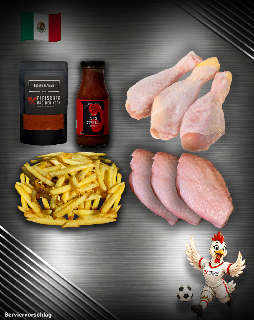 WM-Team-Mexico-Bundle WM Team Mexico Bundle mit Chicken Wings, Drumsticks, Super Crunch Pommes, Chicken Rub und BBQ Sauce – perfekt für Fußball-WM.