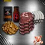 Schweinenacken, Thüringer, Kartoffel Pommes, Grill Sauce, Fritten Flanke-Pommes Gewürzsalz von Fleischer und der Koch