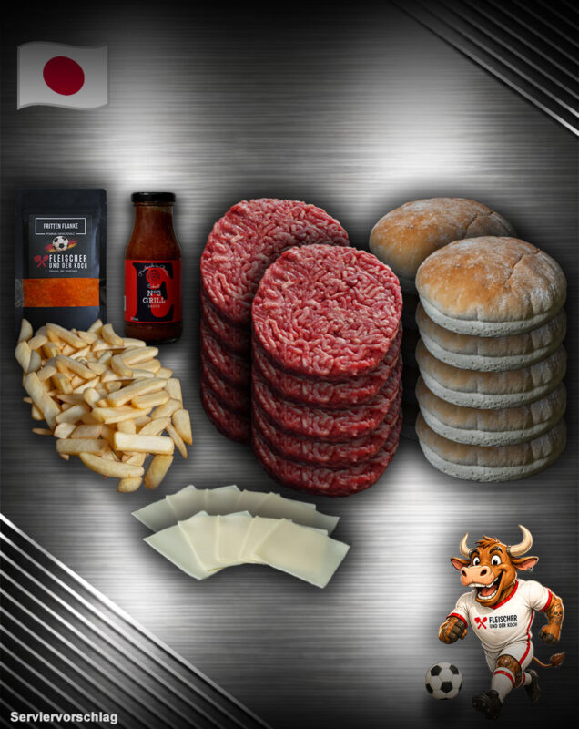 Team Japan Burger Bundle mit Gut Wagyu Burger Haché Burger Patties aus Deutschland, rustikale Burger Buns Berliner KiezKruste, deutscher junger Gouda Burgerkäse, Gourmet Steakhouse Pommes, Eckart Grill Sauce No. 3 und unsere Fritten Flanke-Pommes Gewürzsalz für Fußball-WM & Grillabende.