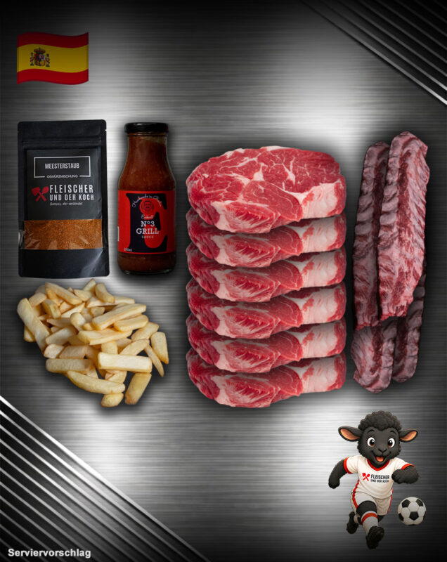 Team Spanien Bundle mit Weidefärsen Ribeye, Iberico Spareribs, Steakhouse Pommes, BBQ Rub und Grill Sauce für Fußball-WM & Grillabende.