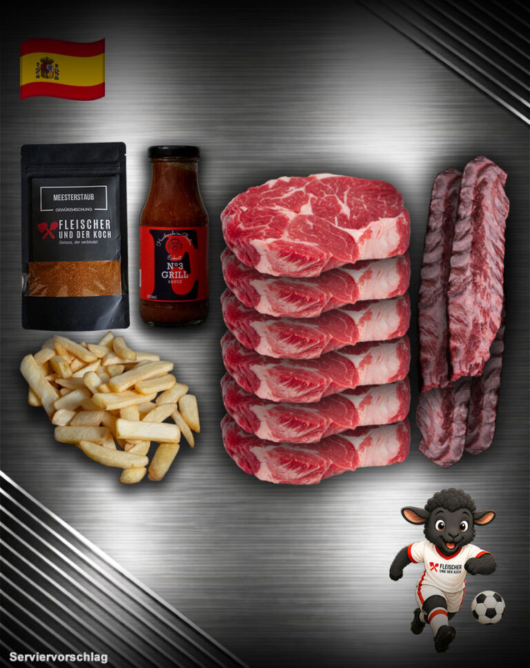 Team Spanien Bundle mit Weidefärsen Ribeye, Iberico Spareribs, Steakhouse Pommes, BBQ Rub und Grill Sauce für Fußball-WM & Grillabende.