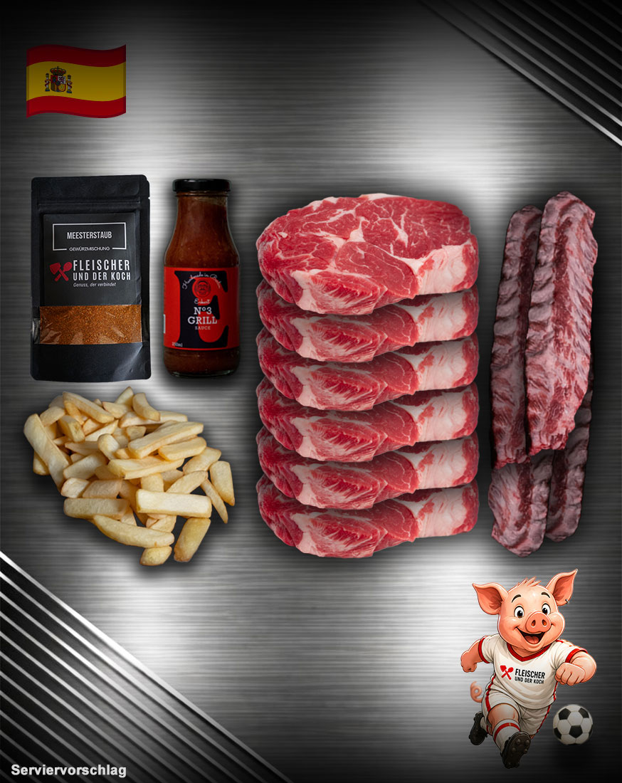 Wm-Team-Spanien-Bundle Team Spanien Bundle mit Weidefärsen Ribeye, Iberico Spareribs, Steakhouse Pommes, BBQ Rub und Grill Sauce für Fußball-WM & Grillabende.
