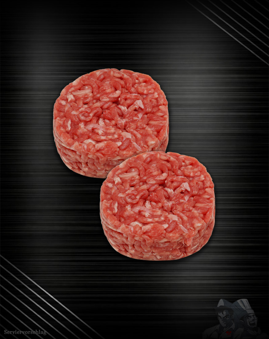 Allemand-Wagyu-Smashburger-Patties-Haché-Style.1 Deux steaks hachés Wagyu allemands, style Haché, avec une texture de viande grossière sur fond sombre.