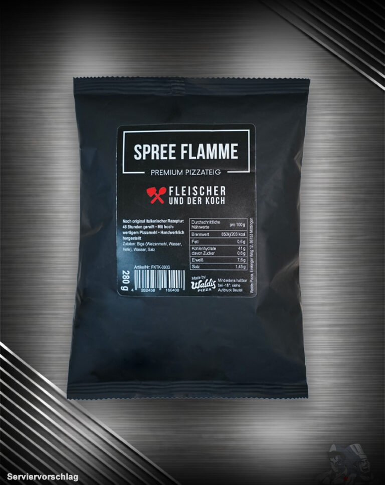 Spree Flamme Premium Pizzateig von Fleischer und der Koch – frischer Premium-Pizzateig für knusprige Pizza mit luftigem Rand. Einfach ausrollen, belegen und genießen.
