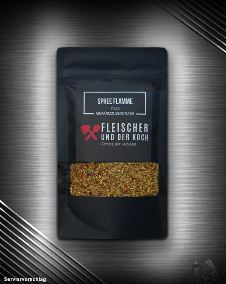 Spree Flamme Pizza Gewürzzubereitung von Fleischer und der Koch – mediterrane Gewürzmischung für Pizza, Pasta und Tomatensaucen. Mit aromatischen Kräutern und feinen Gewürzen für authentischen italienischen Geschmack.