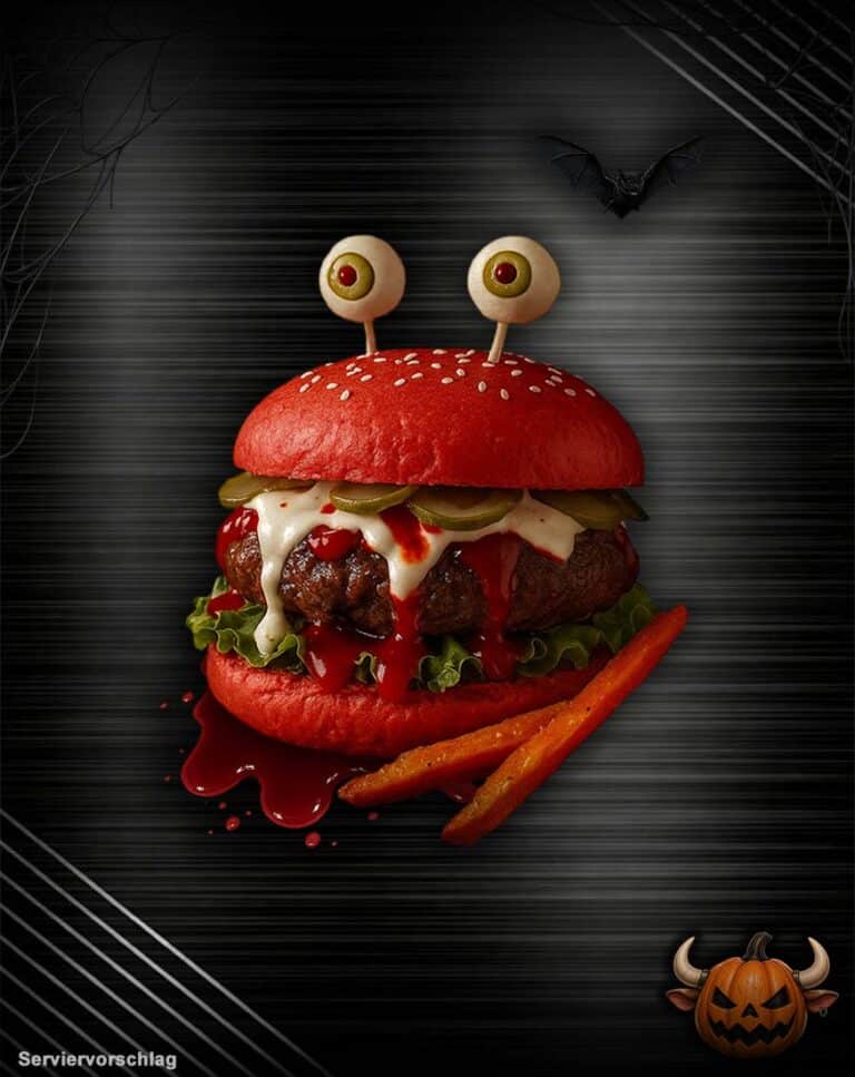Halloween-Burger-Bundle-Rot mit rotem BEKABUNS-Burgerbrötchen, saftigem Rindfleisch-Patty, Käse, Salat, Gurken und roter Sauce, dazu Süßkartoffel-Pommes. Der Burger ist mit zwei essbaren Augen als Halloween-Motiv dekoriert.
