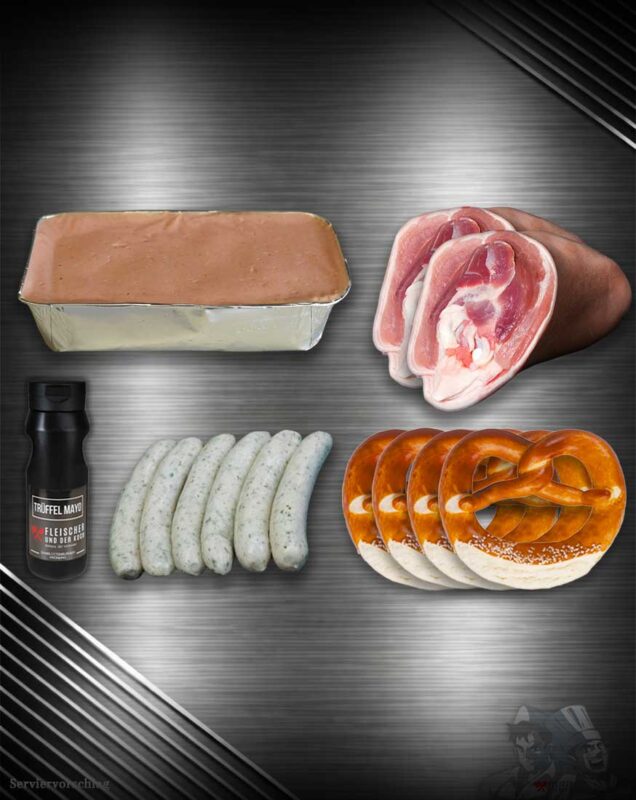 Oktoberfest Grillbox Bundle für 4 Personen mit Schweinshaxe, Rostbratwurst, Leberkäse, Laugen Brezeln und Trüffel Mayo