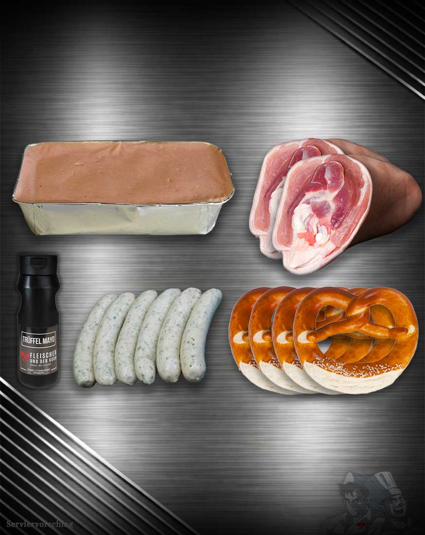 Oktoberfest-Grillbox-Bundle Oktoberfest Grillbox Bundle für 4 Personen mit Schweinshaxe, Rostbratwurst, Leberkäse, Laugen Brezeln und Trüffel Mayo