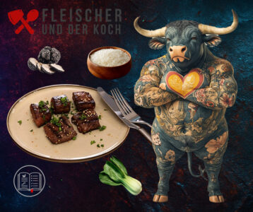 Wagyu Teppanyaki mit gebratenem Pak Choi, Pilzen, Reis und Trüffel-Mayo
