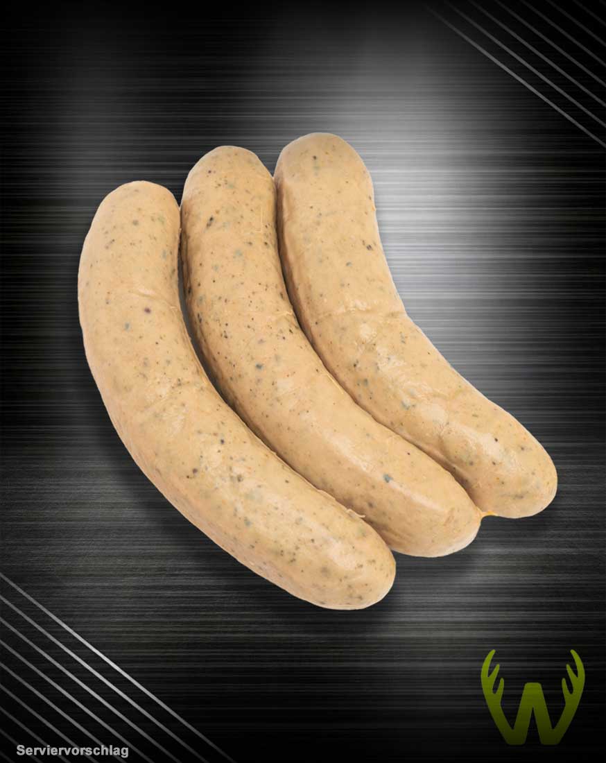 Feine Wildbratwurst aus regionaler Jagt Feine Wildbratwurst aus regionaler Jagt: drei helle, gebogene Bratwürste mit kleinen dunklen Sprenkeln auf schwarzem Hintergrund.