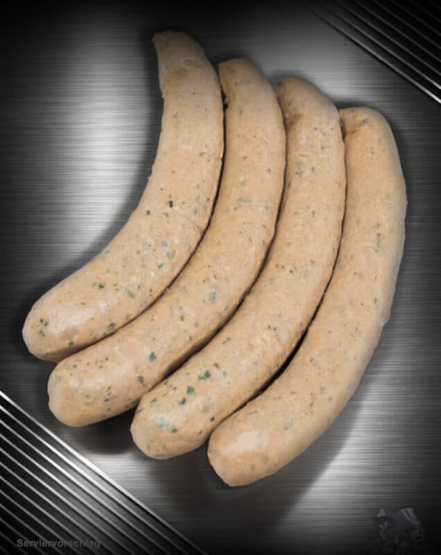 Vier Wildweisswürste aus deutschem Wildfleisch mit sichtbarer Petersilie auf dunklem Hintergrund.